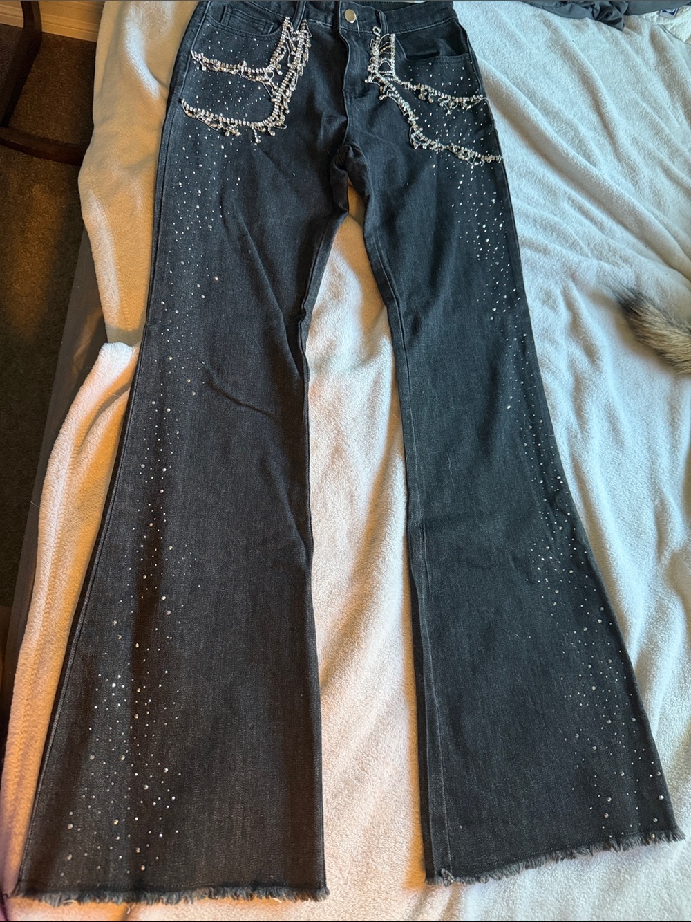 Black Embellished Boot-Cut Jeans with Rhinestone Accents